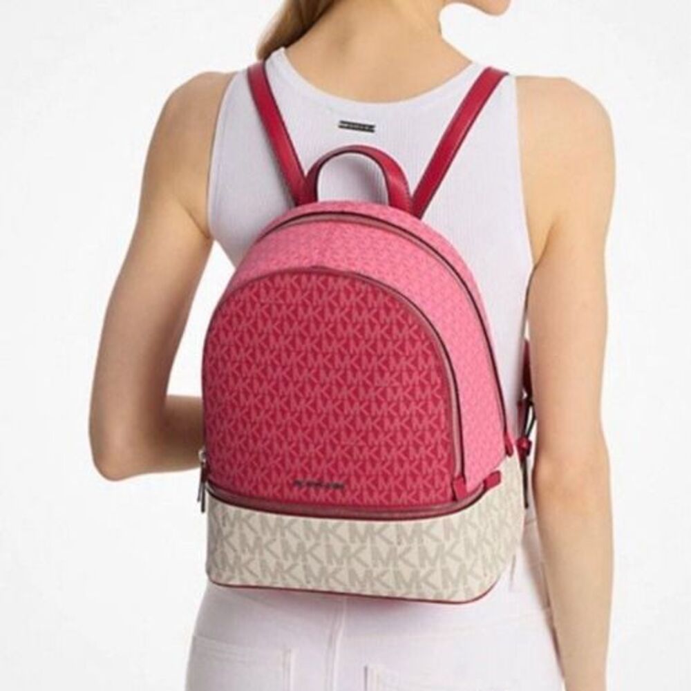 New Michael Kors Rhea Medium Colorblock Signature Logo Backpack Dark Raspberry - Picture 4 of 4